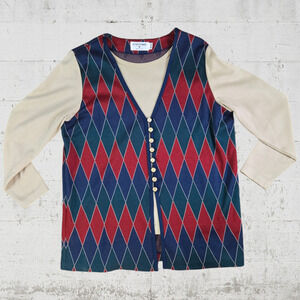 80s Vintage Tan Red Argyle Front Button Crewneck Faux Vest Sweater Size Medium
